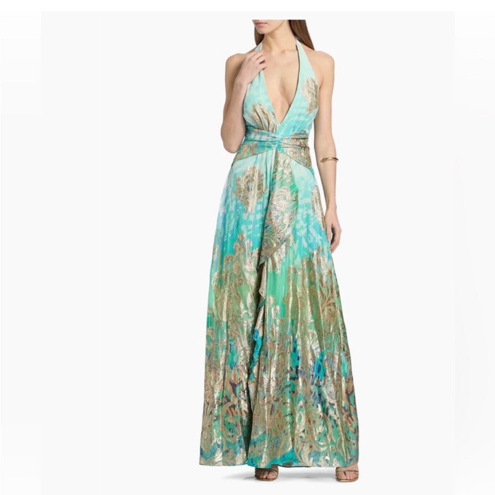 Ramy Brook Aqua Green Halter V-Neck Printed Maxi Dress . Size 0. NWT.